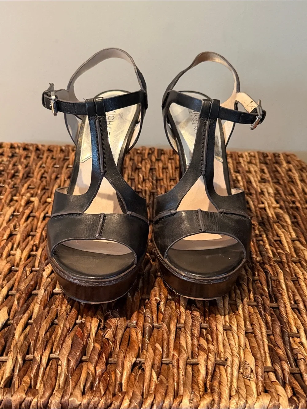 Michael Kors Black Leather T-Strap Platform Heels